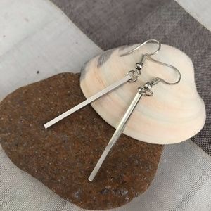 Handmade Minimalist Dainty Silver Cuboid Bar Rod Drop Earrings